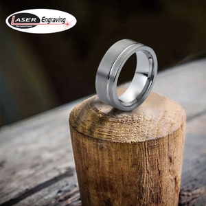 Custom Engraved 8mm Ring, Tungsten Carbide Ring with Brushed Center & Grooved Cut, Elegant Wedding Band, Engagement Anniversary Gift