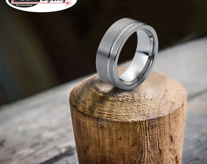 Personalized Engraving - 8mm Tungsten Carbide Brushed Center 1Line Grooved Cut | Engagement Anniversary | Wedding Band Ring for Men Or Women