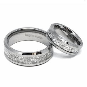 His & Hers Custom Engraved Tungsten Rings, Meteorite Inlay Wedding Band Set for Men and Women, 8mm and 6mm Engagement Ring, Promise Ring Set