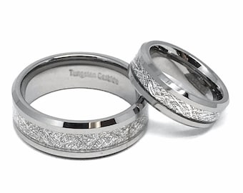 His & Hers Custom Engraved Tungsten Rings, Meteorite Inlay Wedding Band Set for Men and Women, 8mm and 6mm Engagement Ring, Promise Ring Set