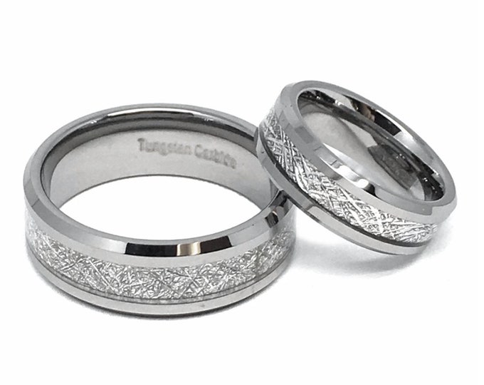 Personalized Custom Engraving  His & Hers -8mm 6mm Tungsten Carbide Meteorite Inlay Engagement Wedding Band Ring Set For Men and Ladies