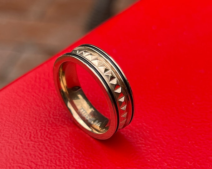 Custom Personalized 6mm Titanium Rose Gold IP Pyramid Center Black Inlay Sides , Engagement Anniversary | Wedding Band Ring for Men Or Women