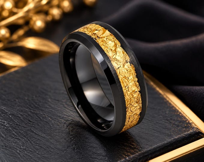 Black Tungsten Wedding Band with Golden Foil Inlay, Personalized Engraved 8mm Men's Ring, Unique Modern Comfort Fit Custom Promise Jewelry
