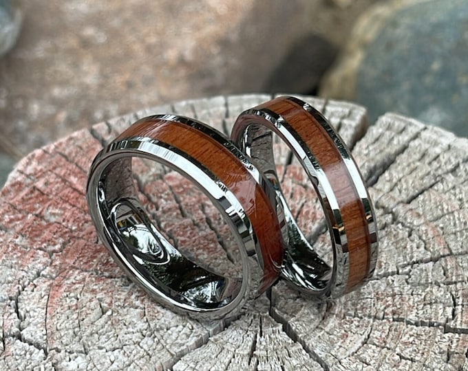 Personalized Engraving - 8mm 0r 6mm Tungsten Carbide Beveled Edge Wood Inlay Engagement Bridal Wedding Band Ring for Men Or Women