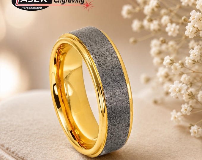 Brushed Silver Tungsten Ring, Wedding Band with Gold IP Interior, Custom Engraved Ring for Men, Modern Durable Promise Ring for Women