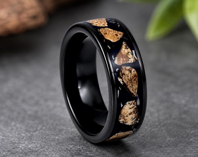 Black Tungsten Wedding Band with Rhodochrosite Inlay, Custom Engraved Ring, Personalized Wedding Band for Men,  Comfort Fit Anniversary Gift