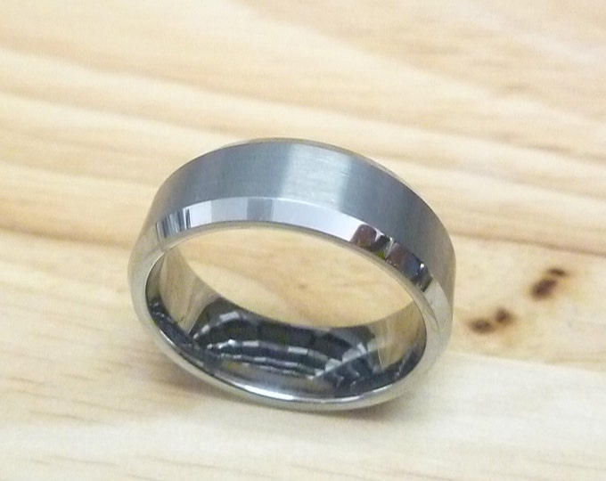 8mm Beveled Edge Wedding Band, Brushed Center Custom Engraved Tungsten Ring, Personalized Promise Ring, Durable & Stylish Dainty Ring