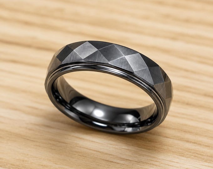Personalized Tungsten Carbide Ring, 6mm Faceted Edge Band, Unique Step Design Wedding Ring, Custom Promise RIng, Anniversary Gift for Him