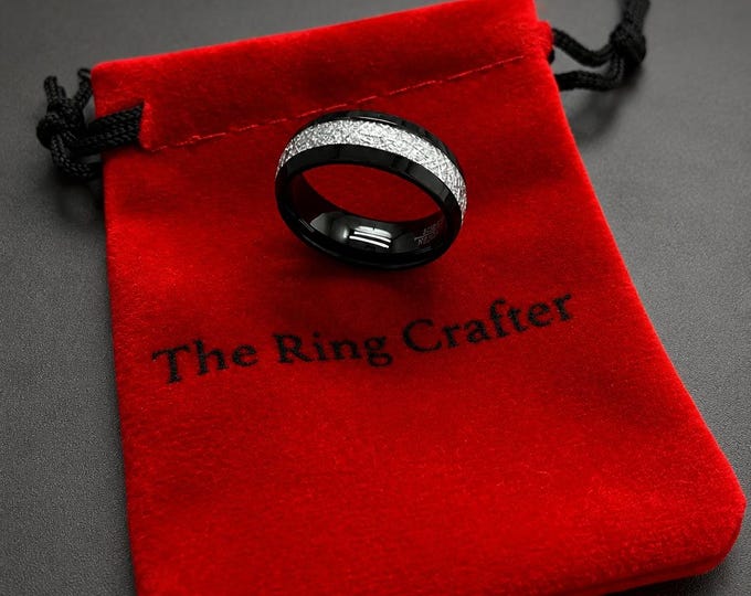 Black Tungsten Ring with Meteorite Inlay, Silver Brushed Wedding Band, Unique Galaxy Wedding Band, Durable Comfort Fit Anniversary Ring