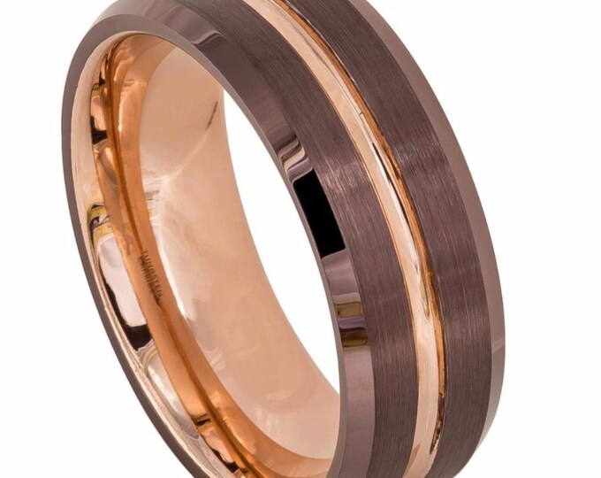 Personalized Mens Tungsetn Wedding Band, 18k Rose Gold Grooved Tungsten, Espresso Tungsten Ring, Engagement , Anniversary Rose Gold Tungsten