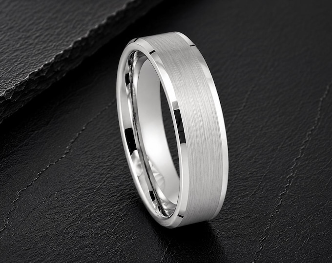 Custom Engraved White Tungsten Wedding Band, Platinum Plated Couple Ring, Personalized Wedding Ring, Comfort Fit Promise Band Gift