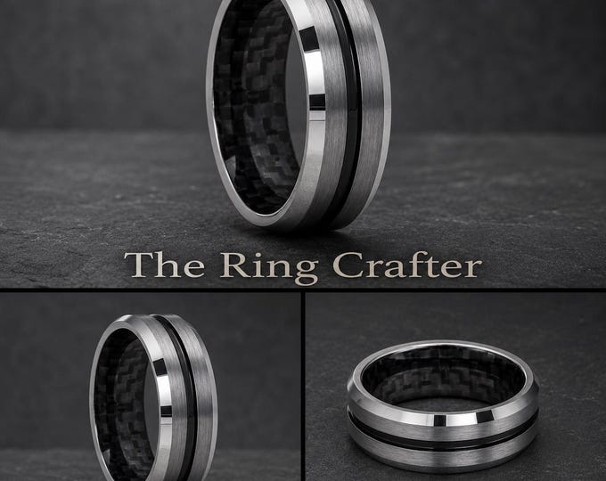 Custom Engraved Tungsten Carbide Wedding Ring, Black Carbon Fiber Inlay Band, Grooved Modern Ring, Personalized Anniversary Jewelry