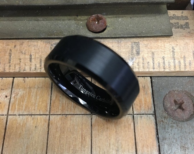 8mm Black Tungsten Carbide Ring, Beveled Edge Custom Engraved Ring, Brushed Finish Durable Promise Ring, Personalized Men's Wedding Band