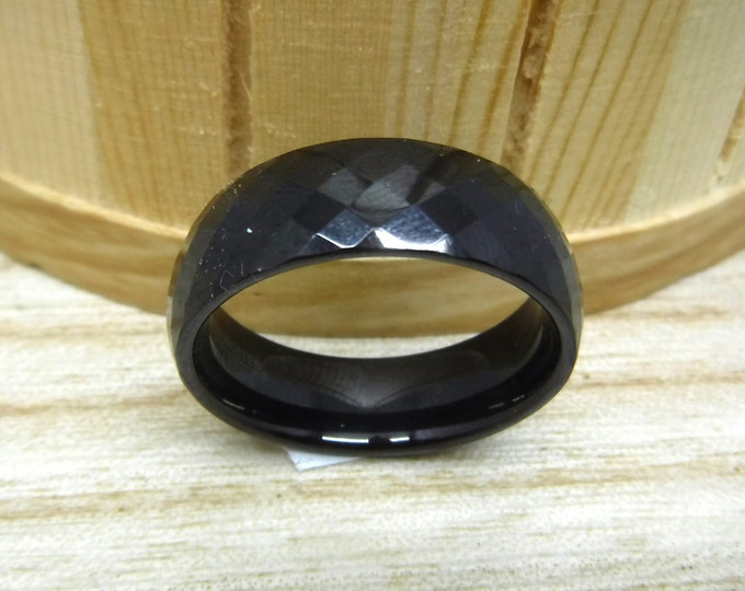 Custom Laser Engraving Ring - 8mm Tungsten Carbide Black Plated Dome Shape and Facet Cut Mens Wedding Band Ring  Gift for Her & Gift for Him