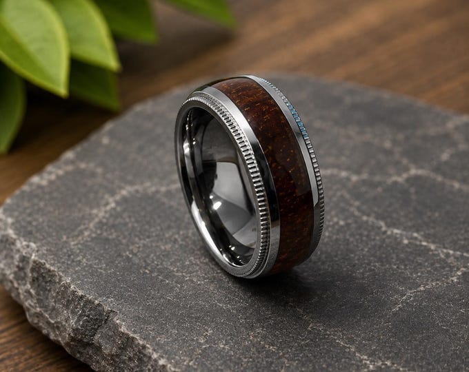 Titanium Koa Wood Wedding Band 8mm Domed Ring, Personalized Engraved Wedding Ring, Custom Men's Wedding Band, Anniversary Gift for Couples