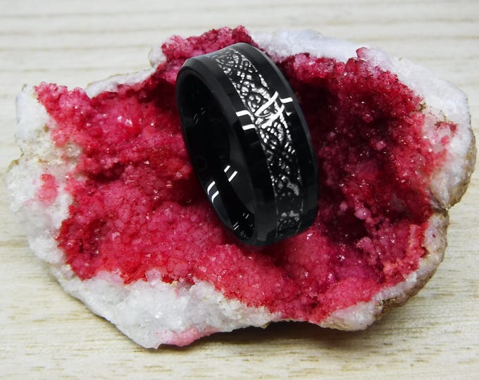 Custom 8mm Black Tungsten Carbide Ring, Black Celtic Dragon & Meteorite Inlay Wedding Band for Men and Women, Wedding Carbon Fiber Ring