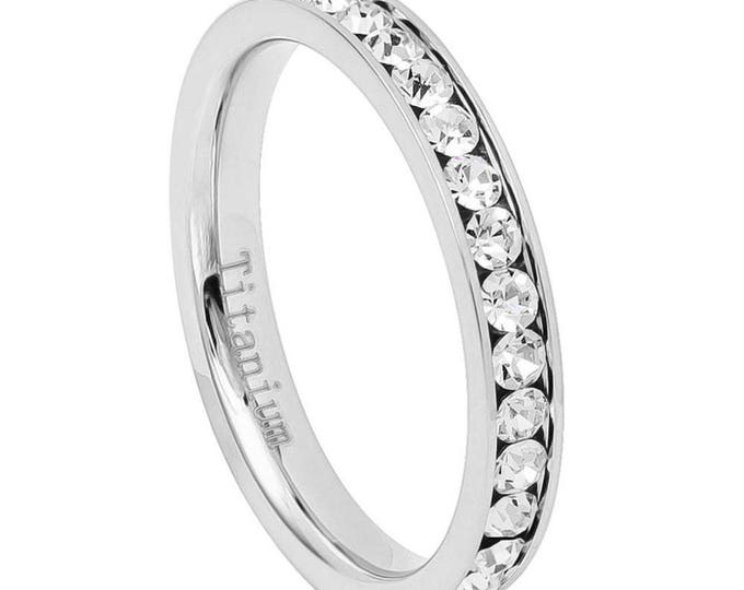 Custom Engraved Dainty Ring, 3mm Titanium Eternity Ring, Gold White IP CZ Wedding Band for Men & Women, Personalized Promise Jewelry