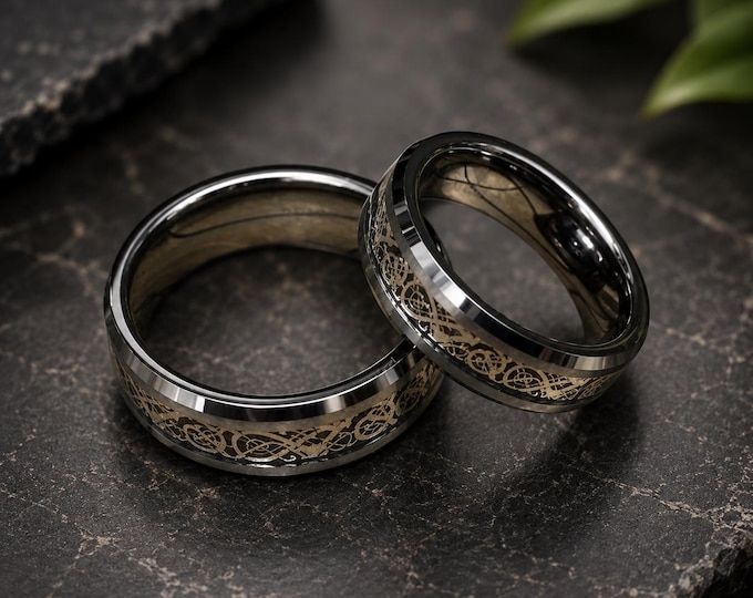 Custom Engraved Celtic Dragon Tungsten Wedding Band Set, Matching Couple Rings, Personalized Anniversary Ring, Comfort Fit Bridal Set