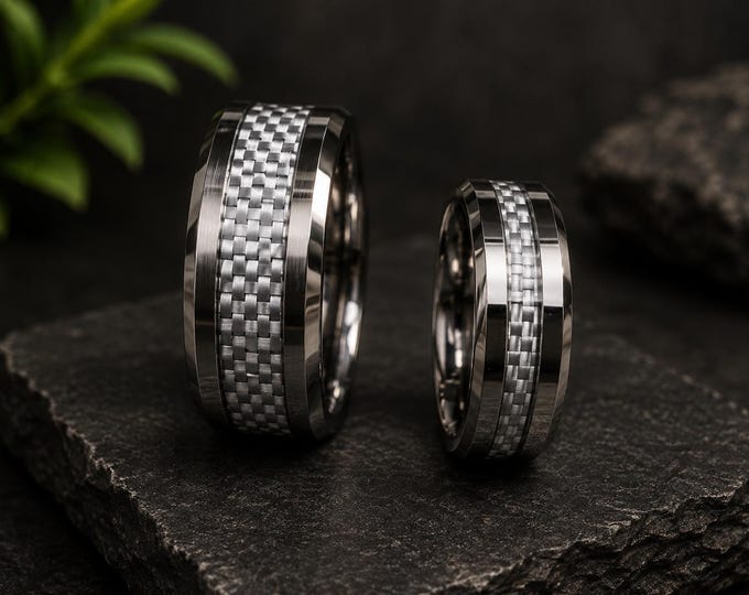 Tungsten Wedding Band Set, Gray Carbon Fiber Inlay Rings, Personalized Engraved Couple Wedding Bands, Custom His & Hers Promise Rings