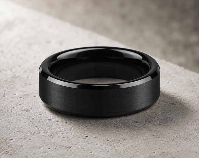 Custom Black Tungsten Ring, 6mm Beveled Brushed Wedding Band, Personalized Matte Finish Ring, Durable Comfort Fit Anniversary Ring