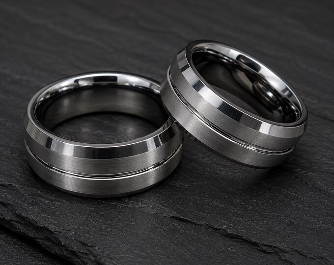 Custom Engraved Tungsten Carbide Wedding Band Set, Beveled Groove Couple Rings, Personalized His & Hers Matching Anniversary Rings
