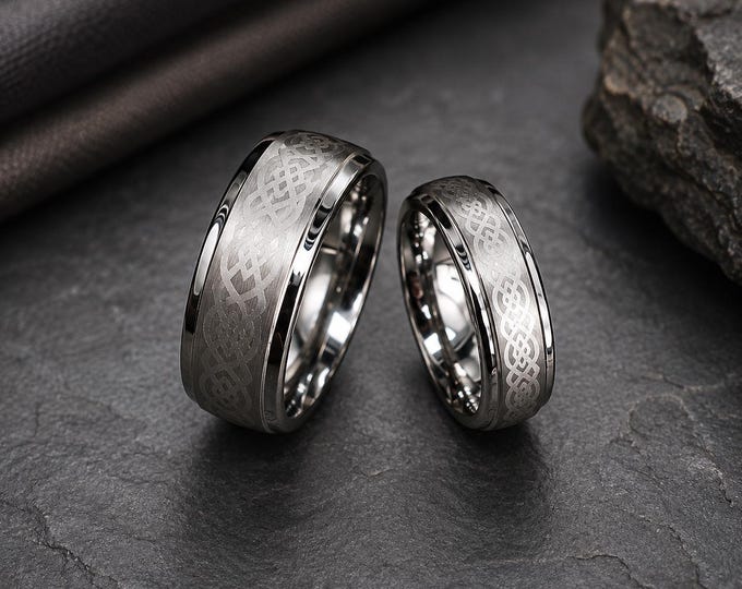 Personalized His and Hers Tungsten Carbide Wedding Band Set, 8mm & 6mm Celtic Knot Step Edge Rings, Custom Engraved Matching Wedding Bands