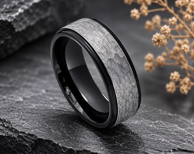 Engraved Tungsten Carbide Ring, Two-Tone Hammered Gun Metal Wedding Band, Brushed Comfort Fit Anniversary Band, Personalized Ring Gift