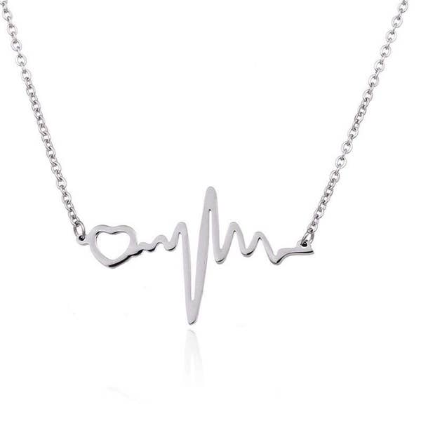 Custom Engraving 316L Ladies Stainless Steel Heartbeat Pendant Necklace - Silver Color