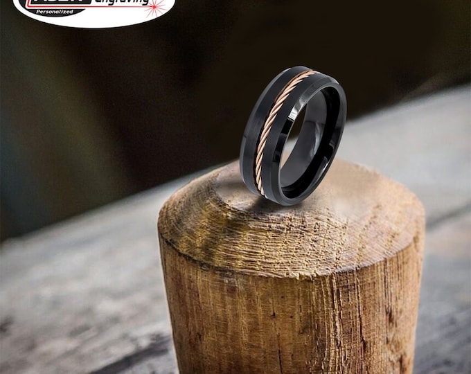 Personalized Engraving - 8mm Tungsten Carbide Black With Rose Gold Rope inlay | Engagement Anniversary | Wedding Band Ring for Men Or Women