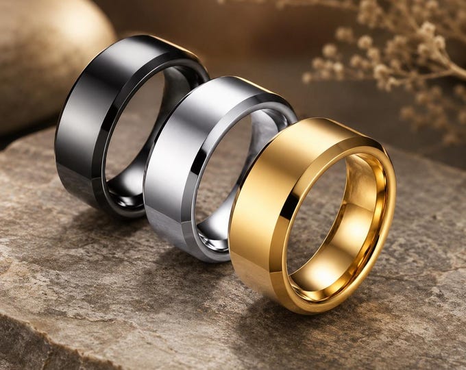 Custom Engraved Tungsten Carbide Ring, Brushed Beveled Edge Wedding Band, Personalized Comfort Fit Promise Ring, Anniversary Gift Jewelry
