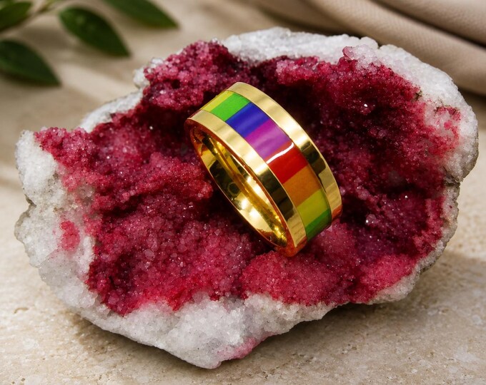 Custom Engraved Rainbow Titanium Wedding Band, Yellow Gold Plate Ring, Personalized Promise Ring, Comfort Fit Anniversary Gift, 6mm 8mm Band