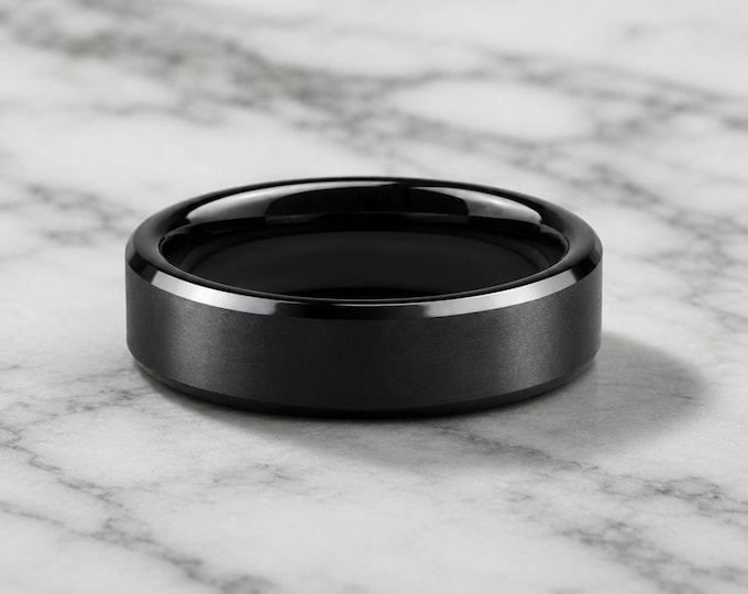 Custom Engraved Black Tungsten Ring, Beveled Edge Personalized Wedding Band, Matte Finish Durable Comfort Fit Promise Anniversary Band,