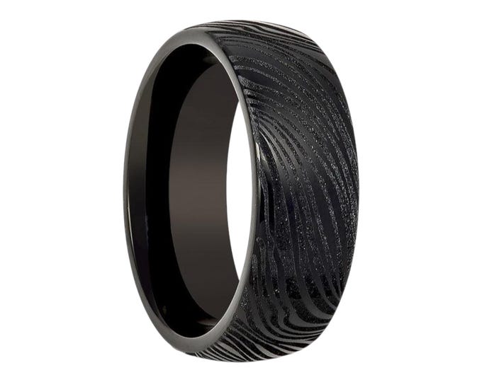 Laser Etched Mokume Gane Wedding Band, Custom Engraved 8mm Black Tungsten Ring, Personalized Men’s Ring, Durable Comfort Fit Unique Gift