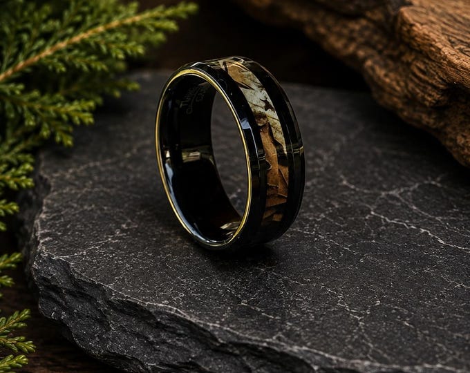 8mm Black Camo Tungsten Wedding Band, Custom Engraved Ring, Beveled Edge Minimalist Couple’s Ring, Durable Comfort Fit Personalized Band