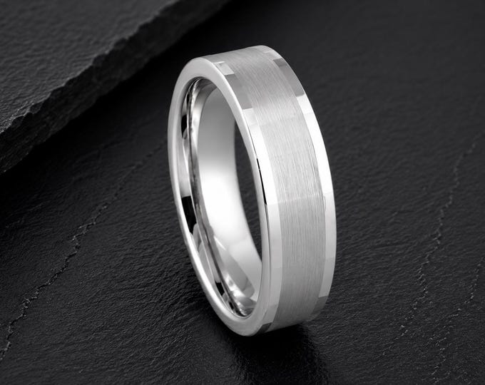 Custom Engraved White Tungsten Wedding Band, Platinum Plated 6mm Ring, Personalized Wedding Ring, Men's Comfort Fit Anniversary Gift