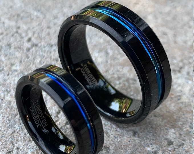 Tungsten Ring with Blue Groove & Engraving, Custom 8mm Black Ring, Personalized Wedding Band, Engagement or Anniversary Gift for Him or Her