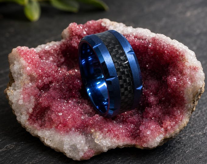 Personalized Black Tungsten Wedding Band with Blue Carbon Fiber Inlay, Custom Engraved Unisex Promise Ring, Comfort Fit Modern Wedding Ring