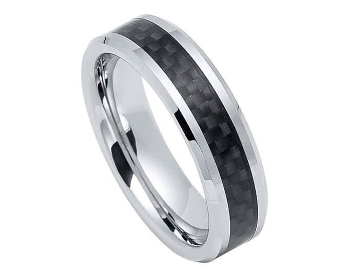 Tungsten Carbide Ring, 6mm Black Carbon Fiber Inlay Wedding Band, Personalized Men's Promise Ring, Custom Laser Engraved Durable Ring