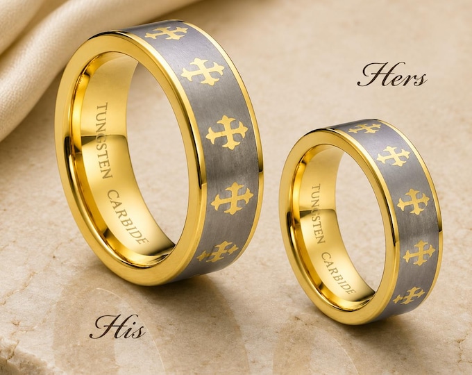 Personalized Gold Plated Celtic Cross Tungsten Band Set, His & Hers Matching Rings, Custom Engraved Wedding Bands, Comfort Fit Promise Rings