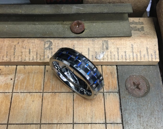 6mm Black & Blue Carbon Fiber Wedding Band, Personalized Men's Carbide Ring, Custom Engraved Tungsten Ring, Durable Modern Promise Ring