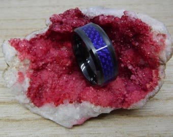 Custom Engraved Black Ceramic Ring, Blue Carbon Fiber Inlay, Beveled Wedding Band