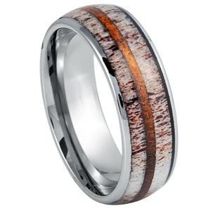 Free Personalized laser engraving Ring for Men and Women Thin Whiskey Barrel Strip & Deer Antler Inlay – 8mm Wedding Band Rings for Couples
