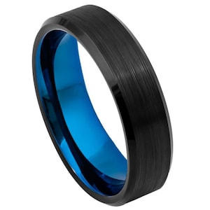 Free Personalized laser engraving Ring for Men and Women TheRingCrafter Black Outside, Blue Inside IP Plated Brushed Finish Beveled Edge