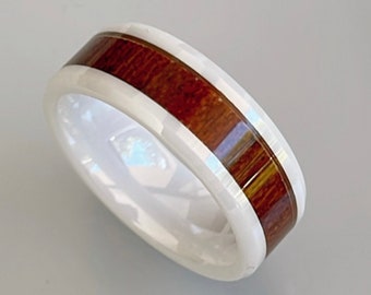 Personalized White Ceramic Ring, Hawaiian Koa Wood Inlay, Wedding Band
