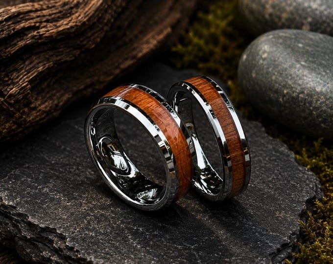 Personalized Tungsten Carbide Wood Inlay Ring, Custom Engraved 8mm or 6mm Beveled Edge Wedding Band, Rustic Promise Ring for Couples Gift