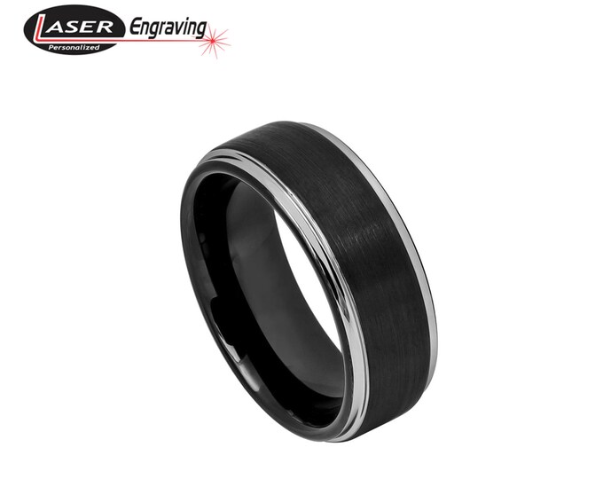 Personalized Engraving  - 8mm Tungsten Carbide Black Plated StepEdges Wedding Band Ring for Men Or Women