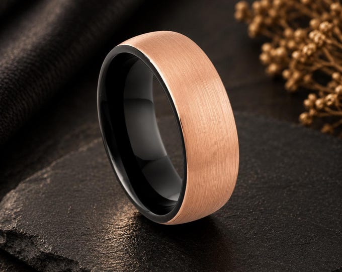 Personalized Rose Gold Black Tungsten Ring, Custom Engraved Wedding Band, Tungsten Carbide Anniversary Ring, His & Hers Promise Ring