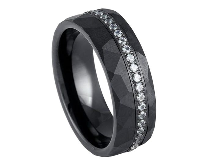 Custom Engraved Statement Ring, Tungsten Wedding Ring for Men & Women, Yellow Gold Center White CZ Eternity Shiny Black IP 8mm Band