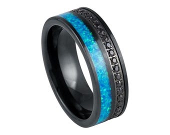 Tungsten Wedding Band: Black Opal Inlay, Black CZ Eternity Ring