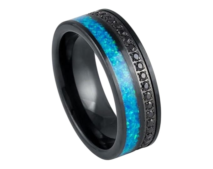 Tungsten Wedding Band, Custom Engraved Dainty Ring, 8mm Black IP Ring w/ Opal Inlay & Black CZ Eternity, Personalized Ring for Men and Women
